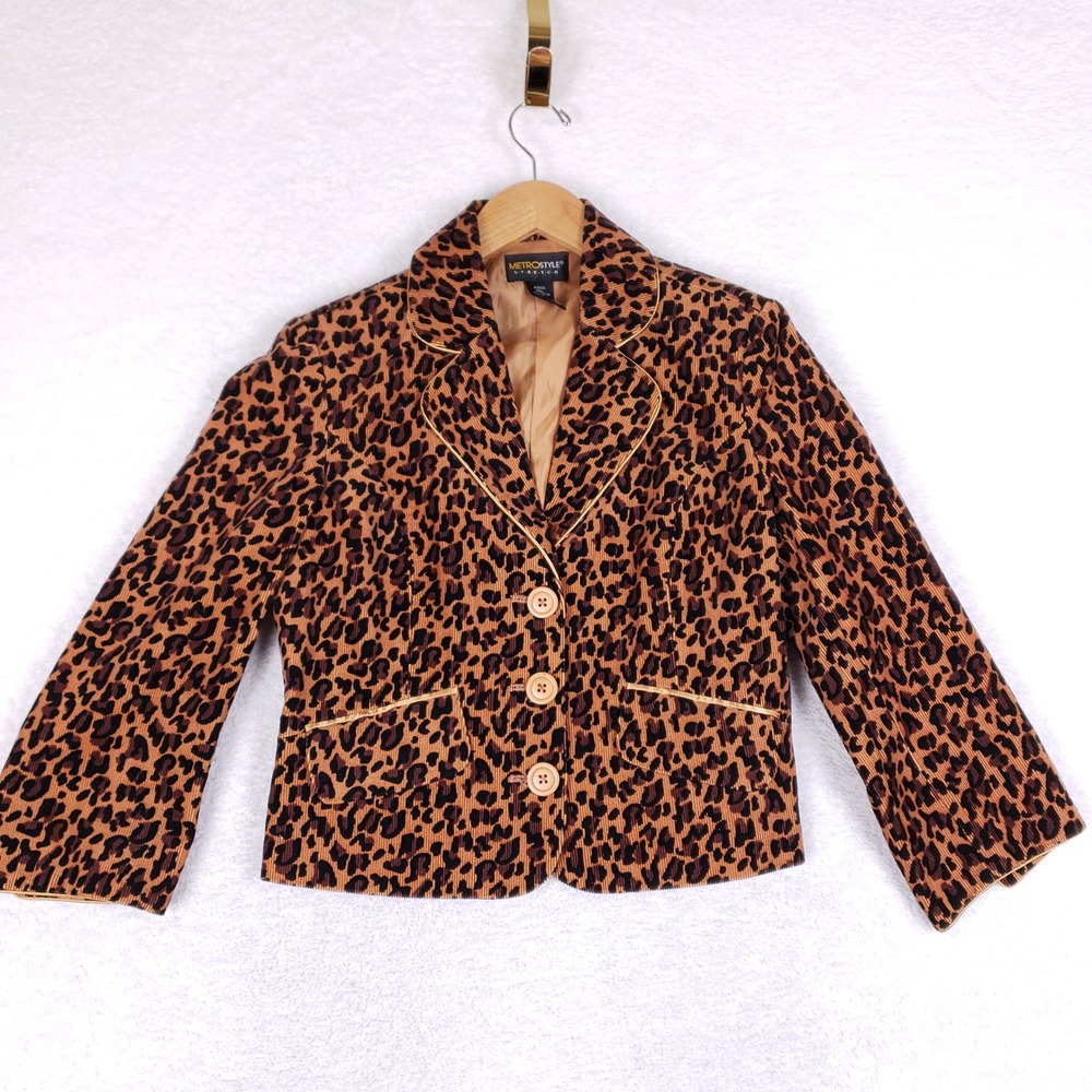 MetroStyle Leopard Corduroy Blazer Women 6 Animal Print Gold Piping Y2K Jacket